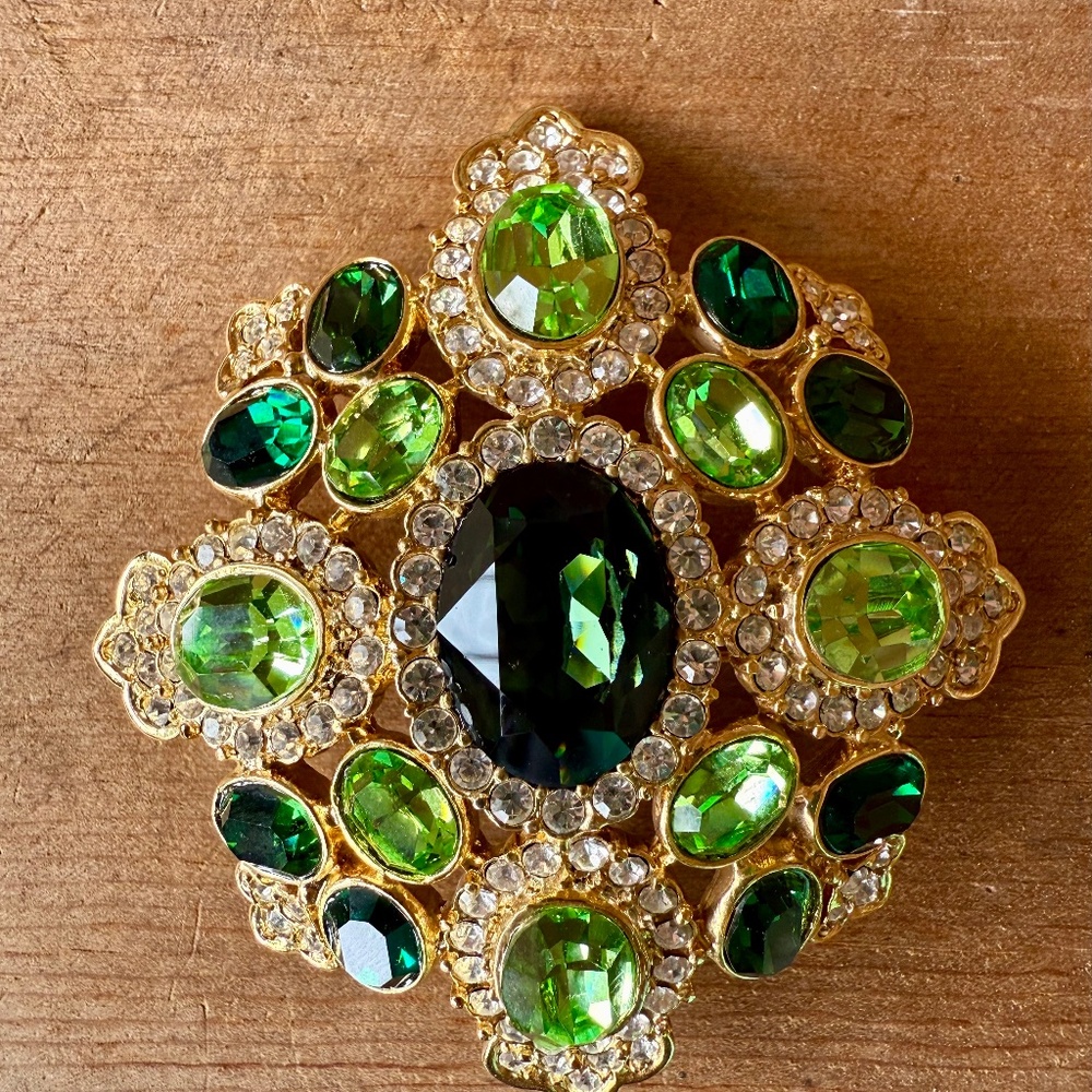 Vintage Kenneth Lane “Grand” Brooch Green and Clear Rhinestones